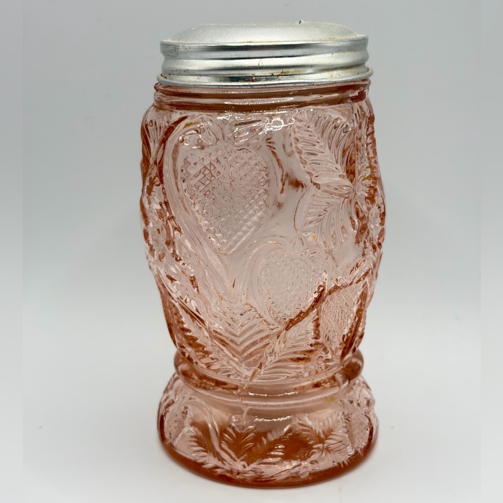Vintage Pink Strawberry Depression Glass Salt Pepper Sugar Seasoning Shaker, Lid